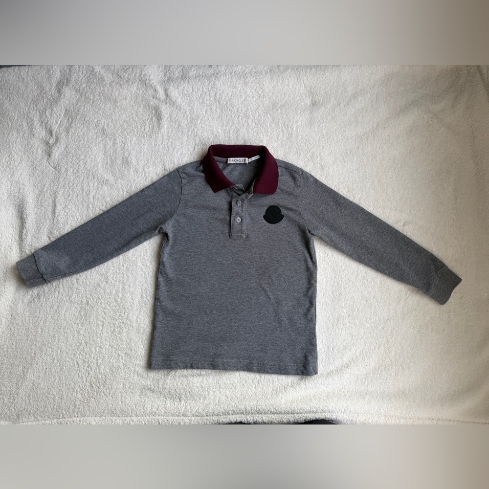 Boys Moncler Gray Long-Sleeve Polo with Burgundy Collar
